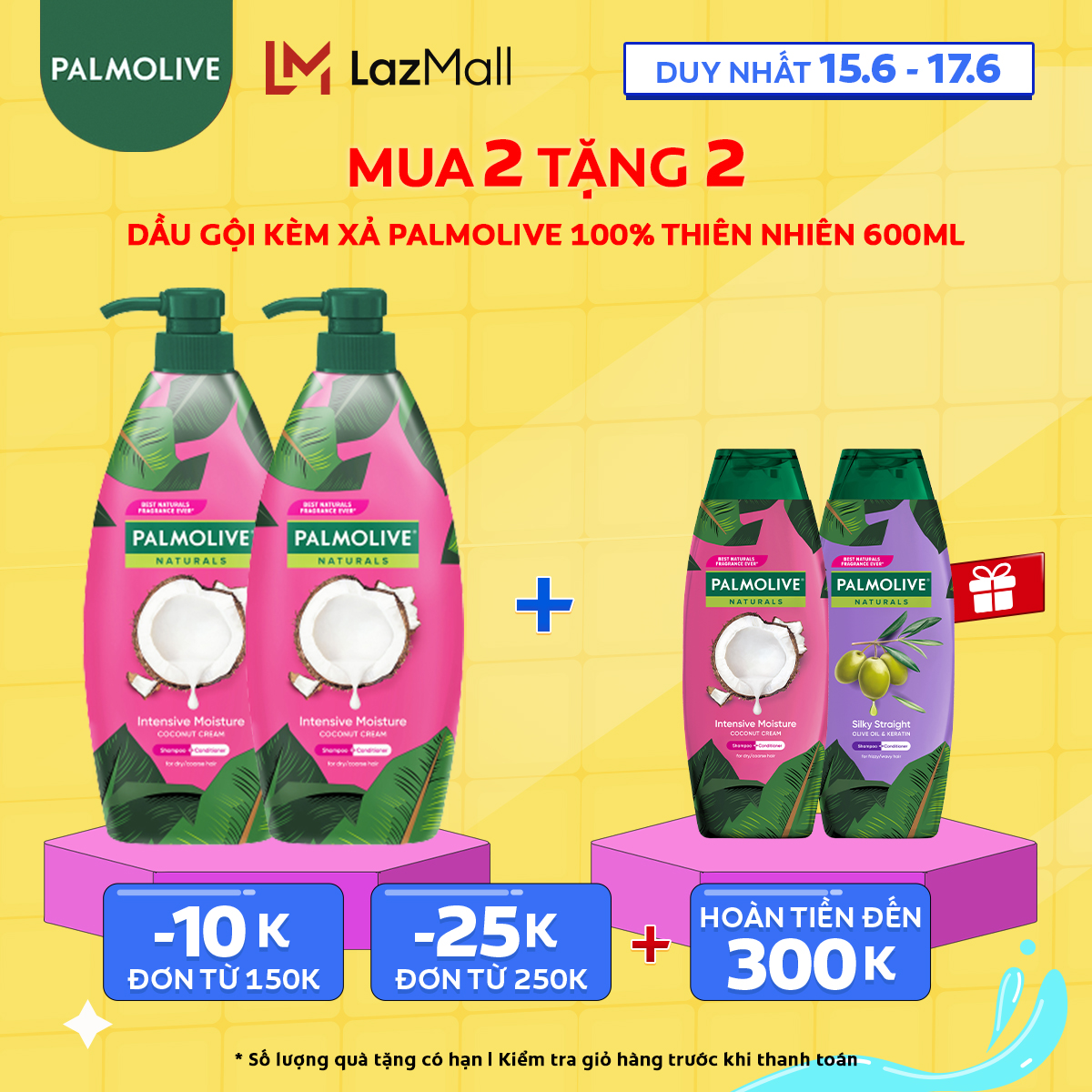 Duy nhất 1517.6 Mua 2 tặng 2 Voucher 25k Bộ 2 Dầu gội Palmolive kèm dầu xả chiết xuất thiên nhiên 600ml