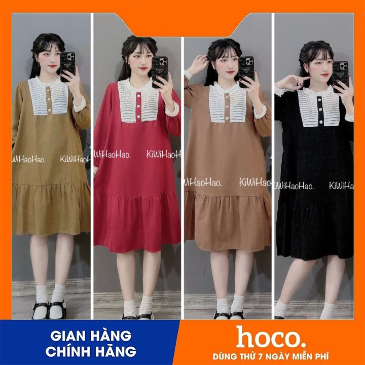 Váy bầu thu đông dài tay chất nhung tăm đẹp cổ phối ren sang chảnh - đầm bầu công sở