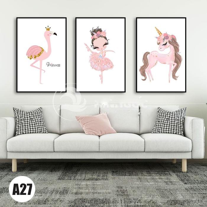Bộ 3 bức tranh treo tường công chúa hoạt hình cho phòng bé gái