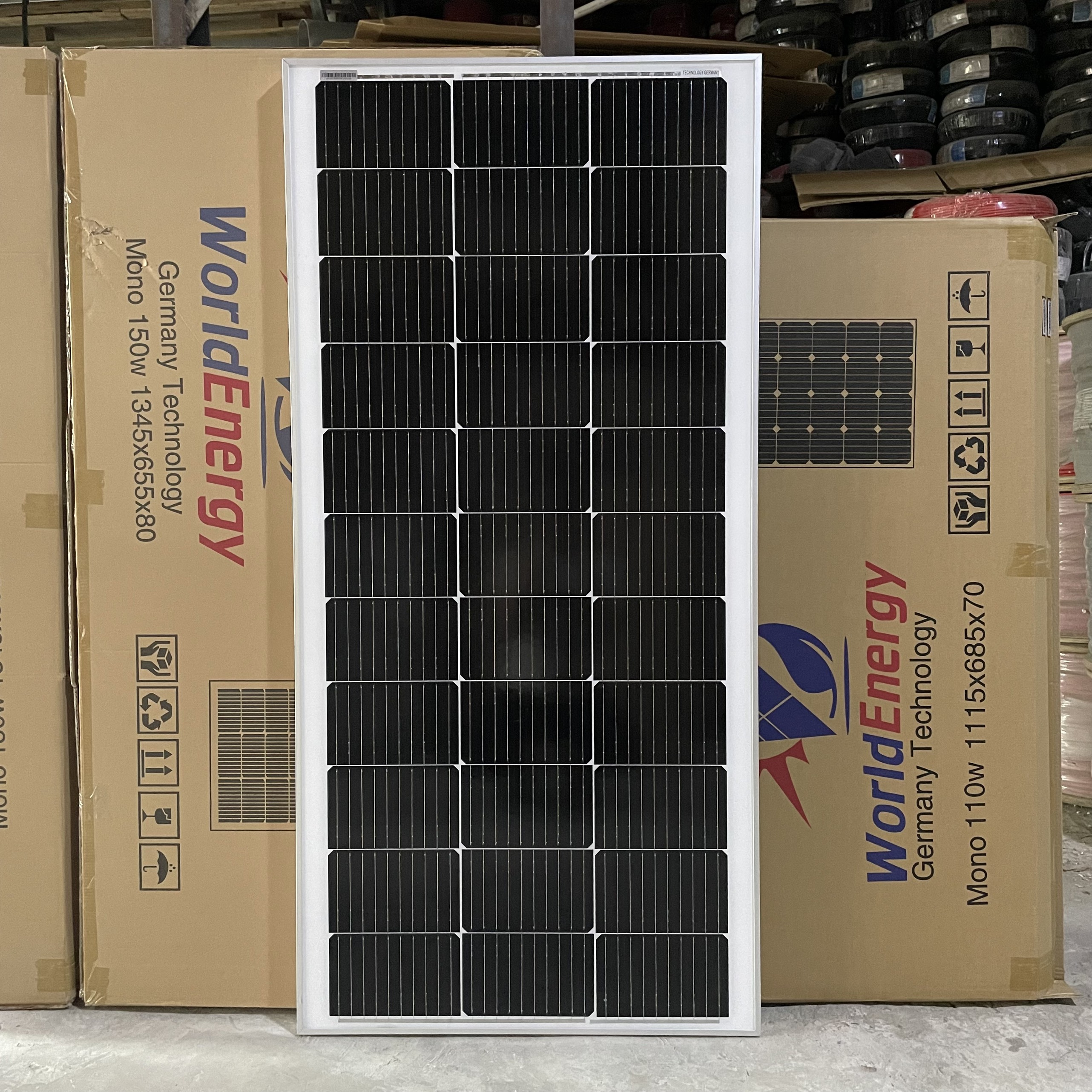 Tấm Pin Năng Lượng Mặt Trời  WorldEnergy Mono 150w/18v, Tặng 1 cặp Jack MC4 đơn (hàng chính hãng, bảo hành 12 năm)