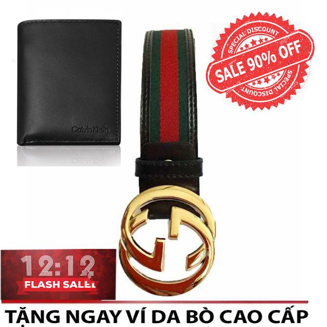 Dây thắt lưng,dây nịt mặt chữ gg mạ vàng dây đen phối sọc xanh đỏ thời trang hàn quốc - tặng ví nam da cao cấp