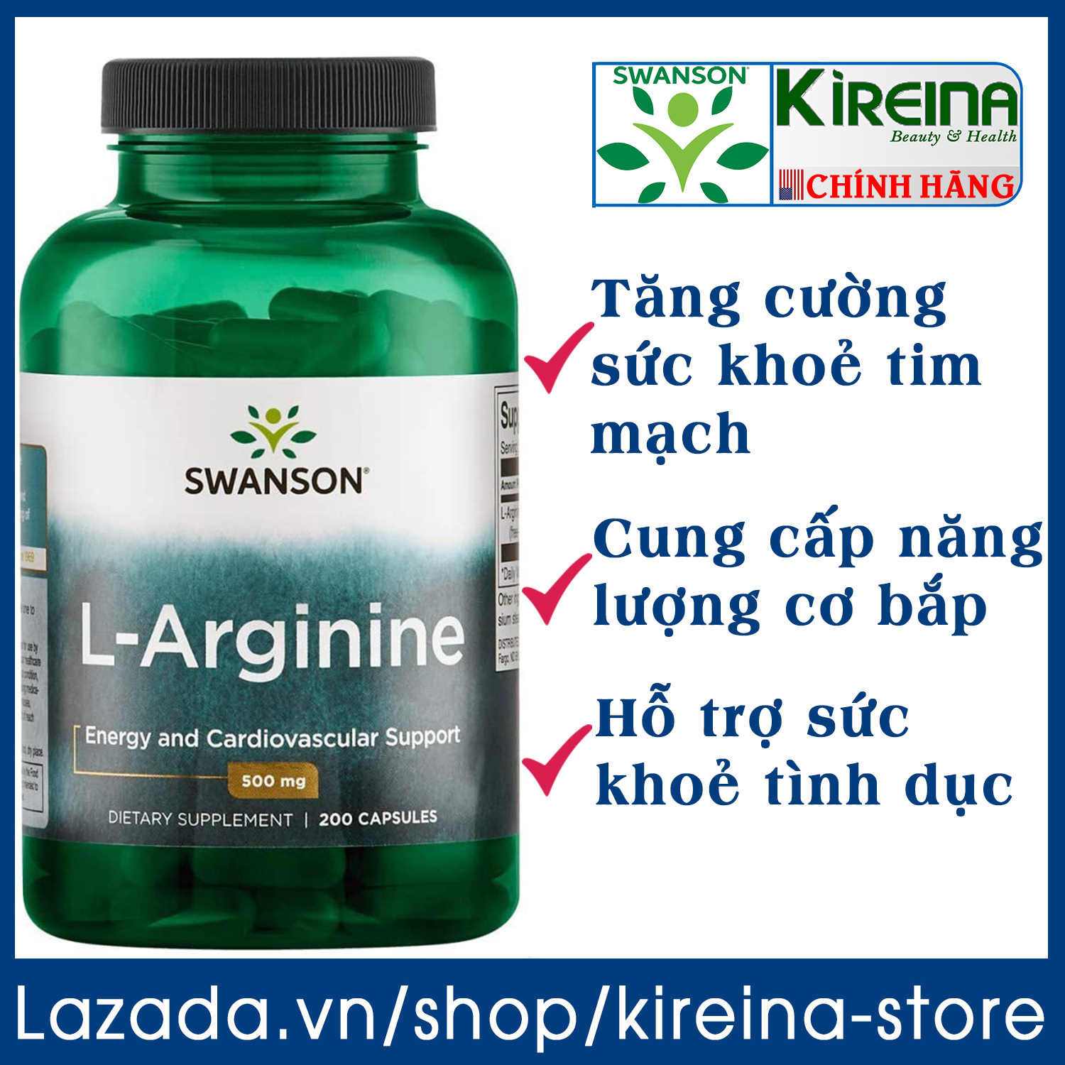 Viên uống Swanson L-Arginine hỗ trợ sức khỏe tim mạch cung cấp amino axit tạo protein cho cơ thể 500 mg (100/200 viên)