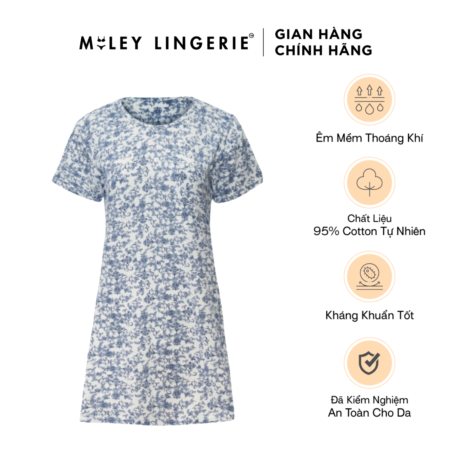 Đầm Ngủ Nữ Cotton Có Tay Chất Liệu Thoáng Mát Họa Tiết Xanh Miley Lingerie