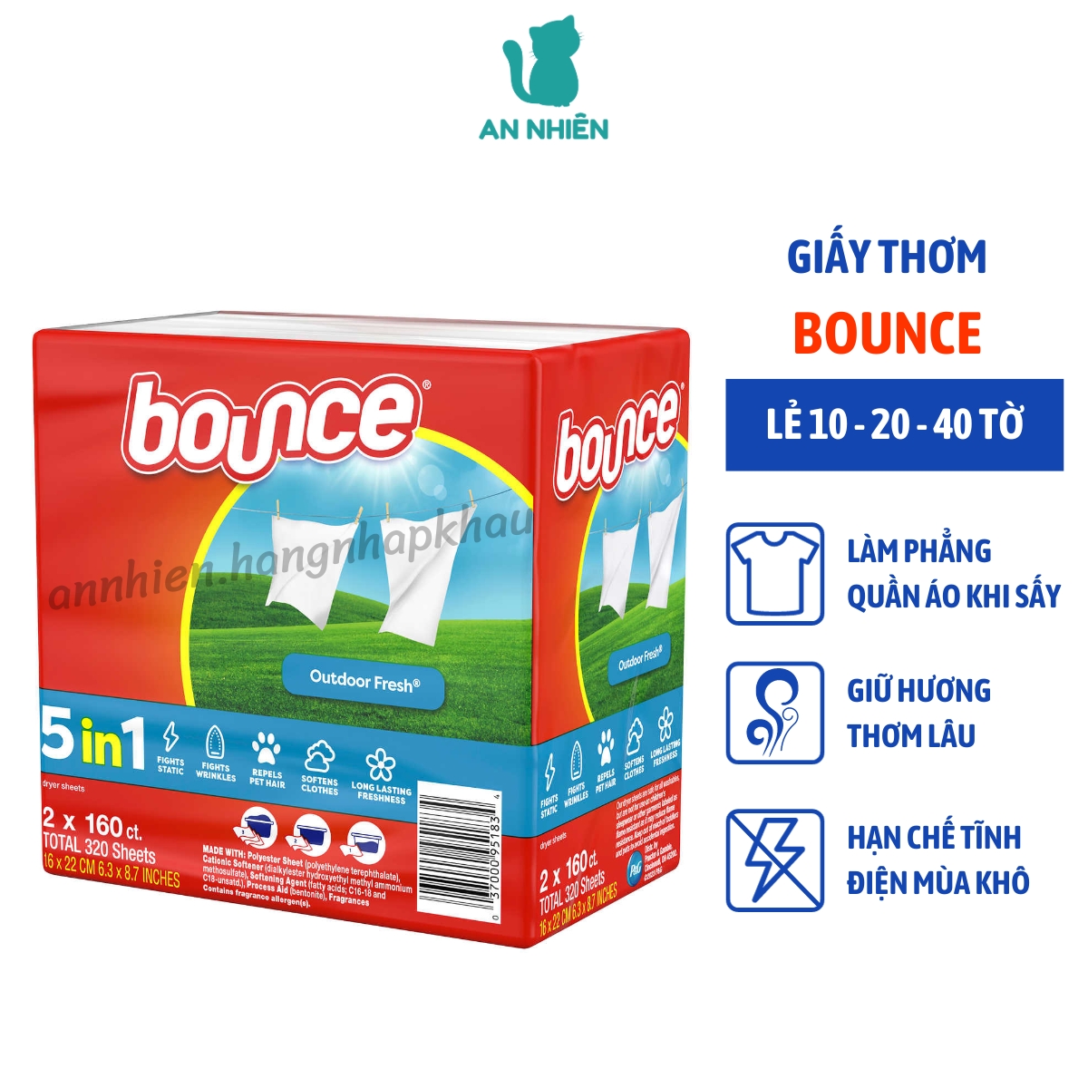 Giấy thơm Bounce Mỹ hộp 160 tờ tách lẻ 10 tờ - 20 tờ - 40 tờ - thơm quần áo phòng ngủ xe hơi hạn chế nhăn vải khi sấy