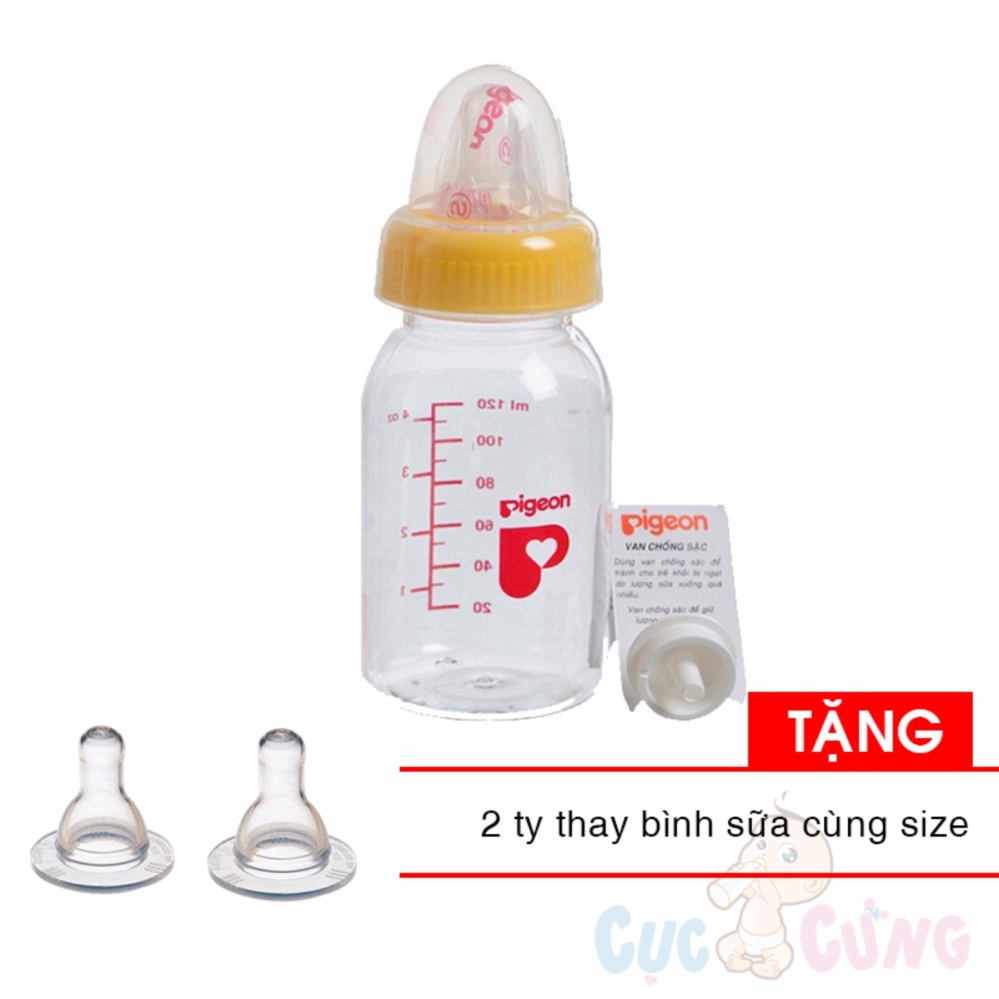 Bình sữa Pigeon nhựa PP cổ nhỏ 120ml màu ngẫu nhiên in hình TẶNG 2 Ty binh sua cùng size cho bé