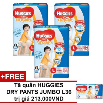 Bộ 3 tã quần Huggies Dry Pants Big Jumbo L54 54 miếng (9 - 14kg) + Tặng 1 tã quần...