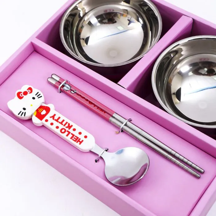 Hộp 2 bát, 1 đôi đũa, 1 thìa in hình Hello Kitty cực đẹp cho các bé(Hồng)