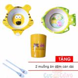 Bộ chén ăn hình cọp + 1 Tô trẻ em in hình kiểu con cá bằng nhựa - 36 + ly uống nước in hình  Tặng 2 muỗng cán dài cho bé