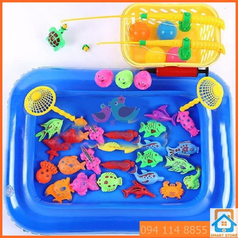 Bộ đồ chơi bể nước bơm hơi câu cá nam châm + 2 cần câu