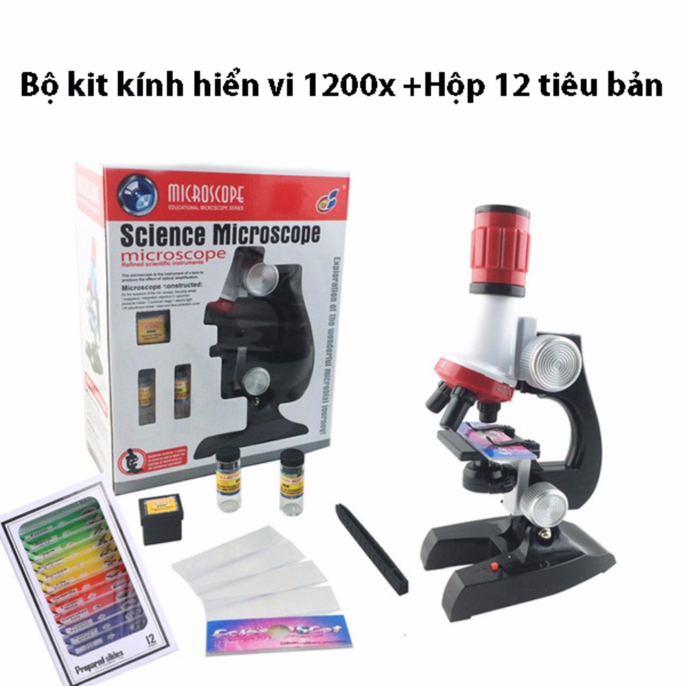 Combo bộ kit kính hiển vi trẻ em 1200x + hộp 12 tiêu bản(Đen)
