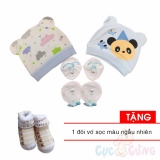 Combo 2 nón sơ sinh cho bé (bé trai) +  bao tay bao chân thêu TẶNG 1 đôi vớ cho bé sọc