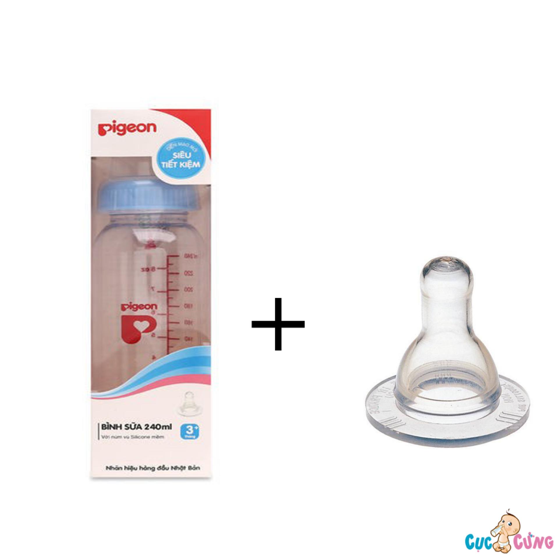 Combo Bình sữa Pigeon hình 240ml cổ thường + 1 ty binh sua silicone cùng size