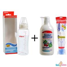 Combo Bình sữa Pigeon Streamline 250ml + Nước rửa bình sữa chai Pigeon 700ml + Cọ rửa bình sữa Pigeon
