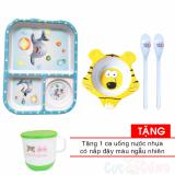 Khay cho bé tập ăn 3 ngăn hình chữ nhật nhựa - 3F  + Chén cho bé tập ăn hình hổ bằng nhựa  - 39 + 2 muỗng ăn dặm cán dài TẶNG 1 ca uống nước in hình có nắp đậy màu ngẫu nhiên