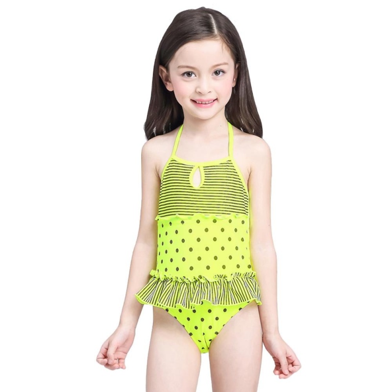 Nơi bán Summer Children Swimwear Girls Striped Dot Halter Swimwear Jumsuit (Yellow) - intl