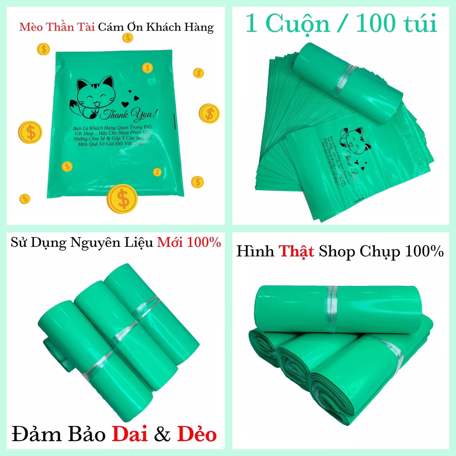 Túi gói hàng pe dán mép in mèo thần tài
