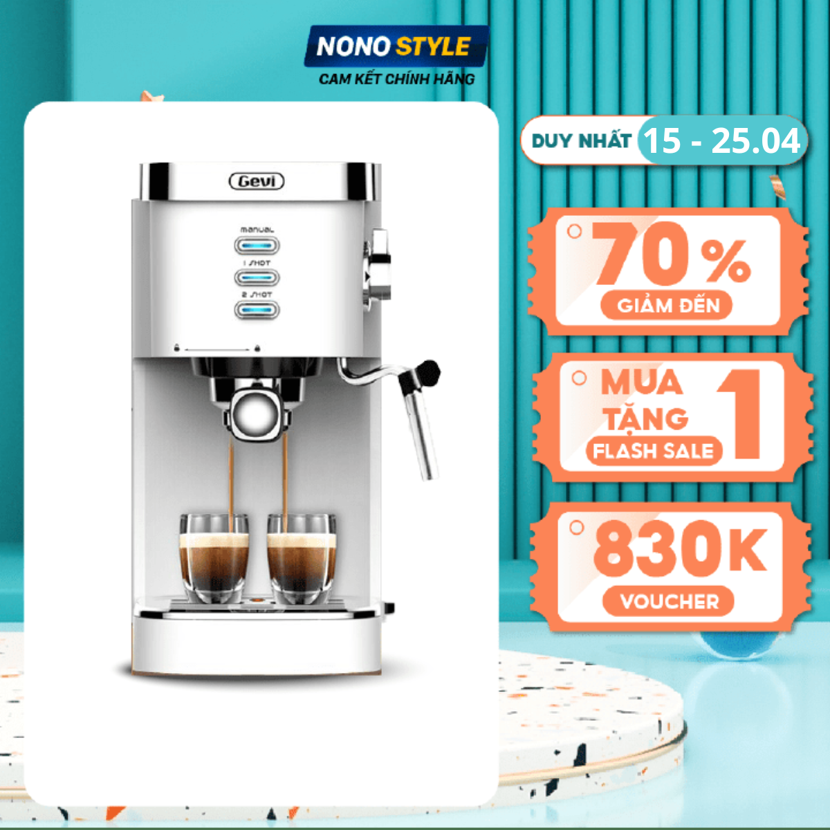 Máy Pha Cà Phê GEVI, Bảo hành 1 năm, bộ lọc 3 trong 1, có thanh đánh sữa, áp suất 20 bar | SG Giao Nhanh 4H