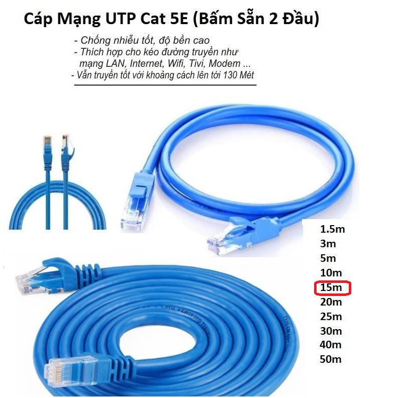 Cáp mạng (Lan) 15 mét đúc sẵn 2 đầu (xanh) Cat5E