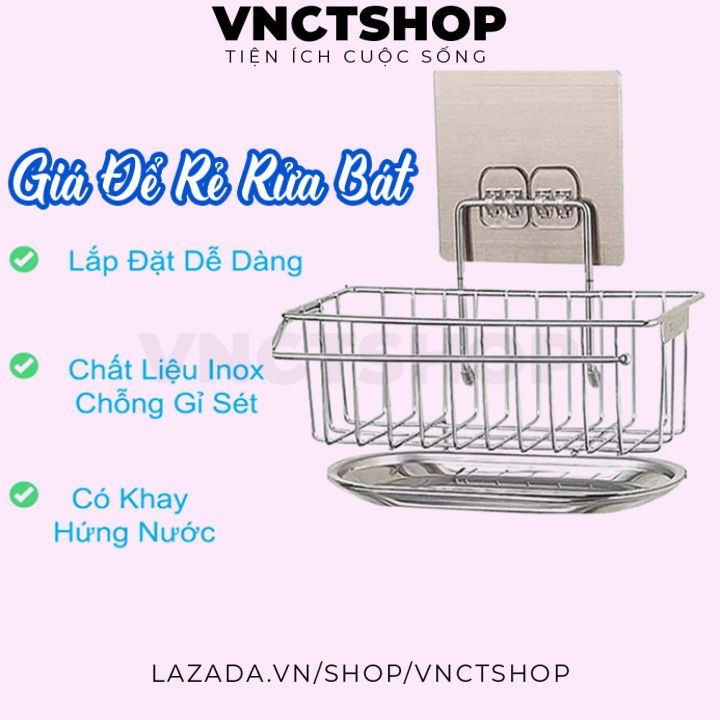 Giá đựng rẻ rửa bát, kệ đựng đồ rửa chén giẻ rửa bát có kèm khay hứng nước inox 304 dán gắn tường