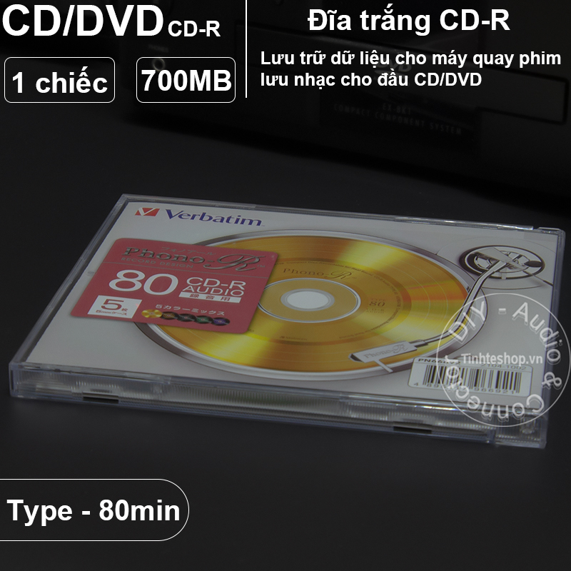 Đĩa cd phono ghi nhạc có hộp verbatim 700mb 80min - 1 chiếc