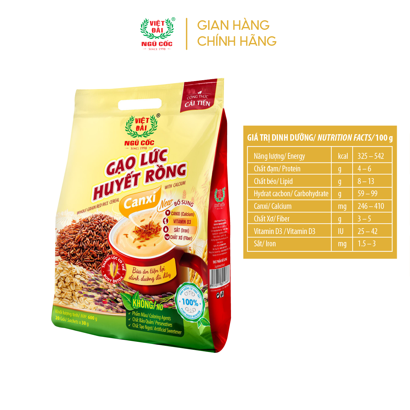 Bột ngũ cốc Gạo lức huyết rồng Canxi Việt Đài túi 600g