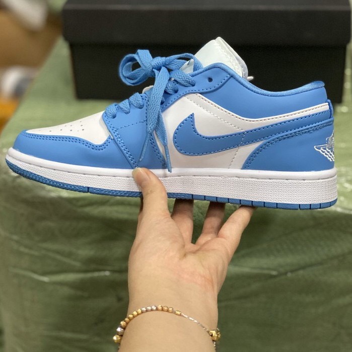 Giày sneaker nam nữ cao cấp, giày nike air jordan unc blue low, jd1 xanh dương cổ thấp thể thao full bill box