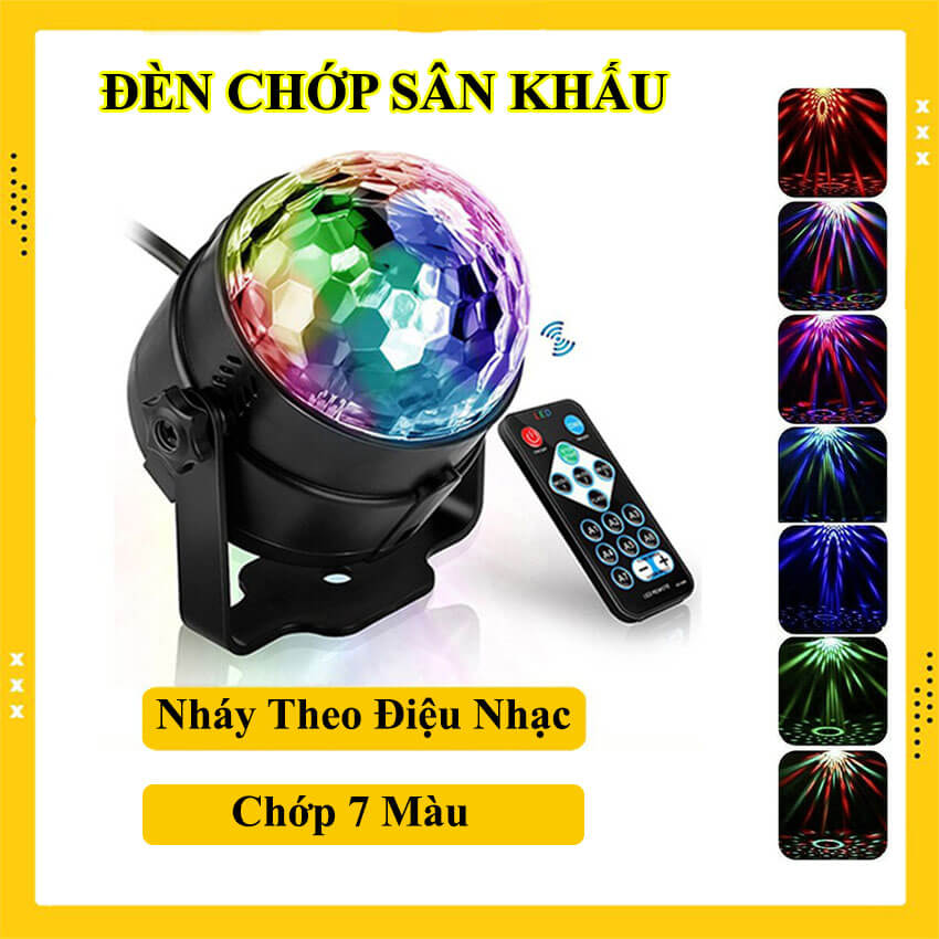 Đèn led xoay 7 màu vũ trường nháy phòng sân khấu cảm ứng nhạc, đèn sân khấu xoay 360 độ tặng kèm điều khiển từ xa, đèn trang trí ngày tết, lễ hội