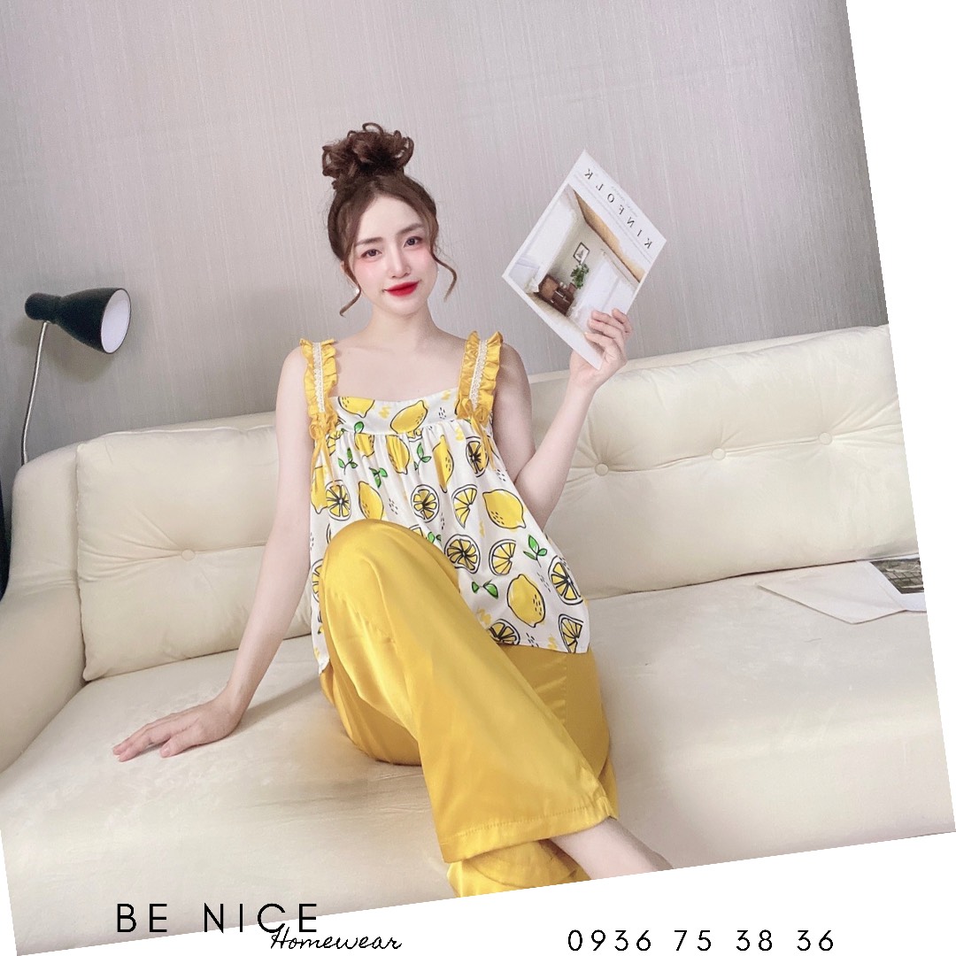 Set dây dài mặc nhà nhún bèo lụa latin Benice Homewear xinh xắn cho nàng