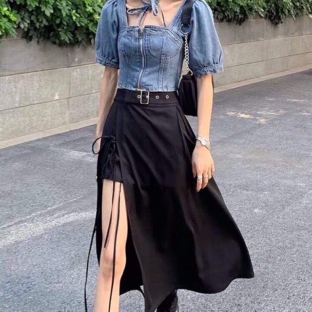 CHÂN VÁY ĐEN DÀI XẺ TÀ KÈM ĐAI HOT TREND