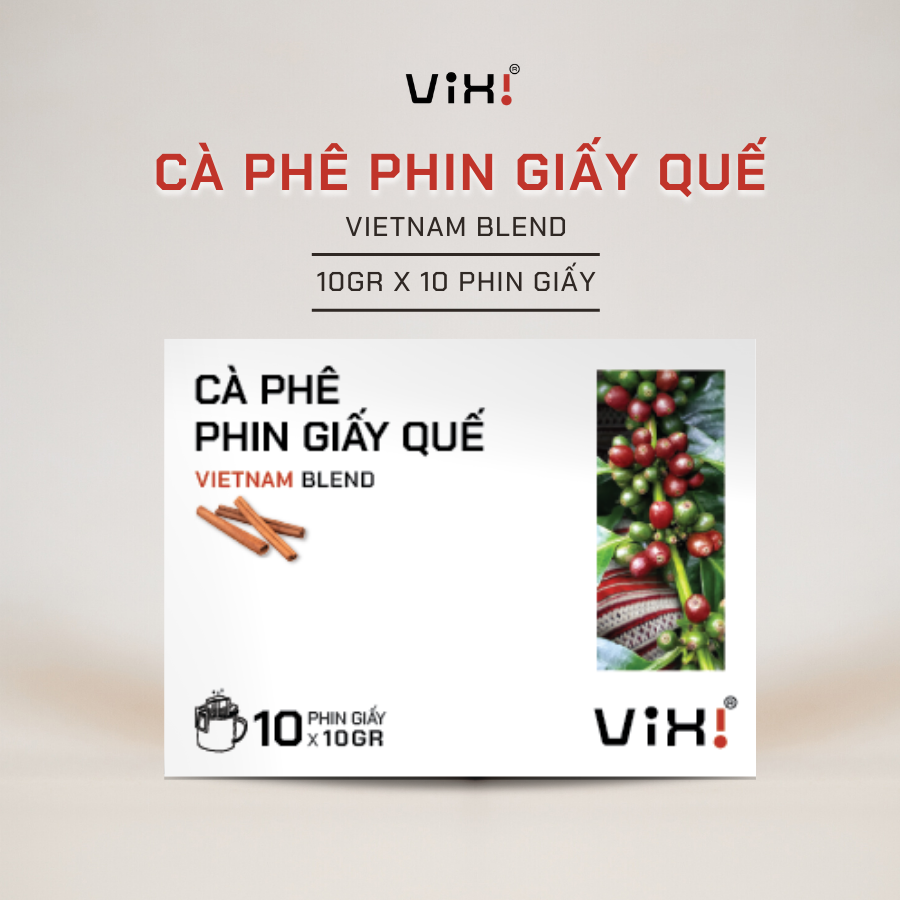 Vixi - Cà phê Blend ướp quế chi nguyên chất rang mộc - Phin giấy 10gr x 10 - 100gr/hộp