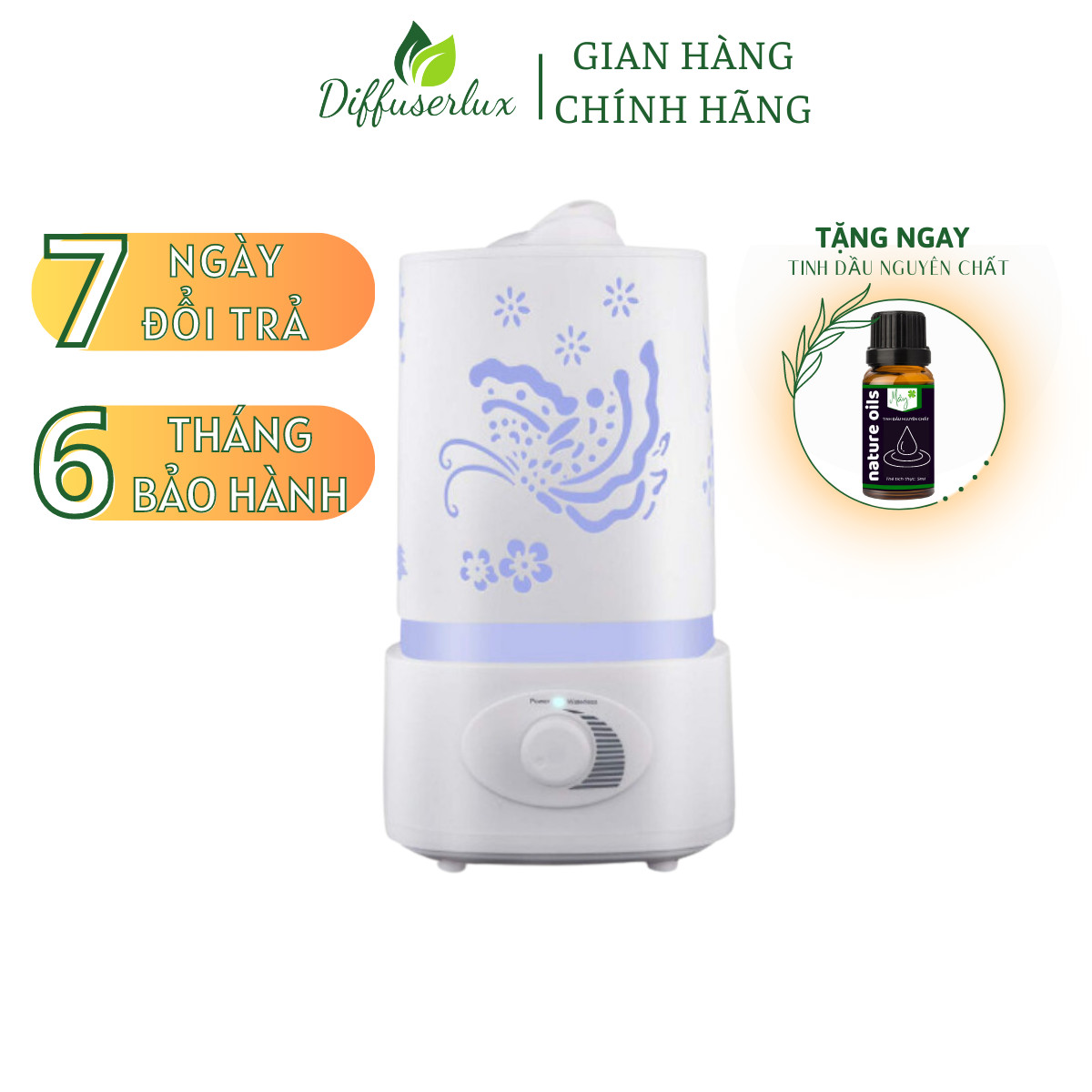 Máy xông tinh dầu loại lớn 2 vòi phun hồ điệp vuông 1500ml tạo độ ẩm phòng - Diffuserlux