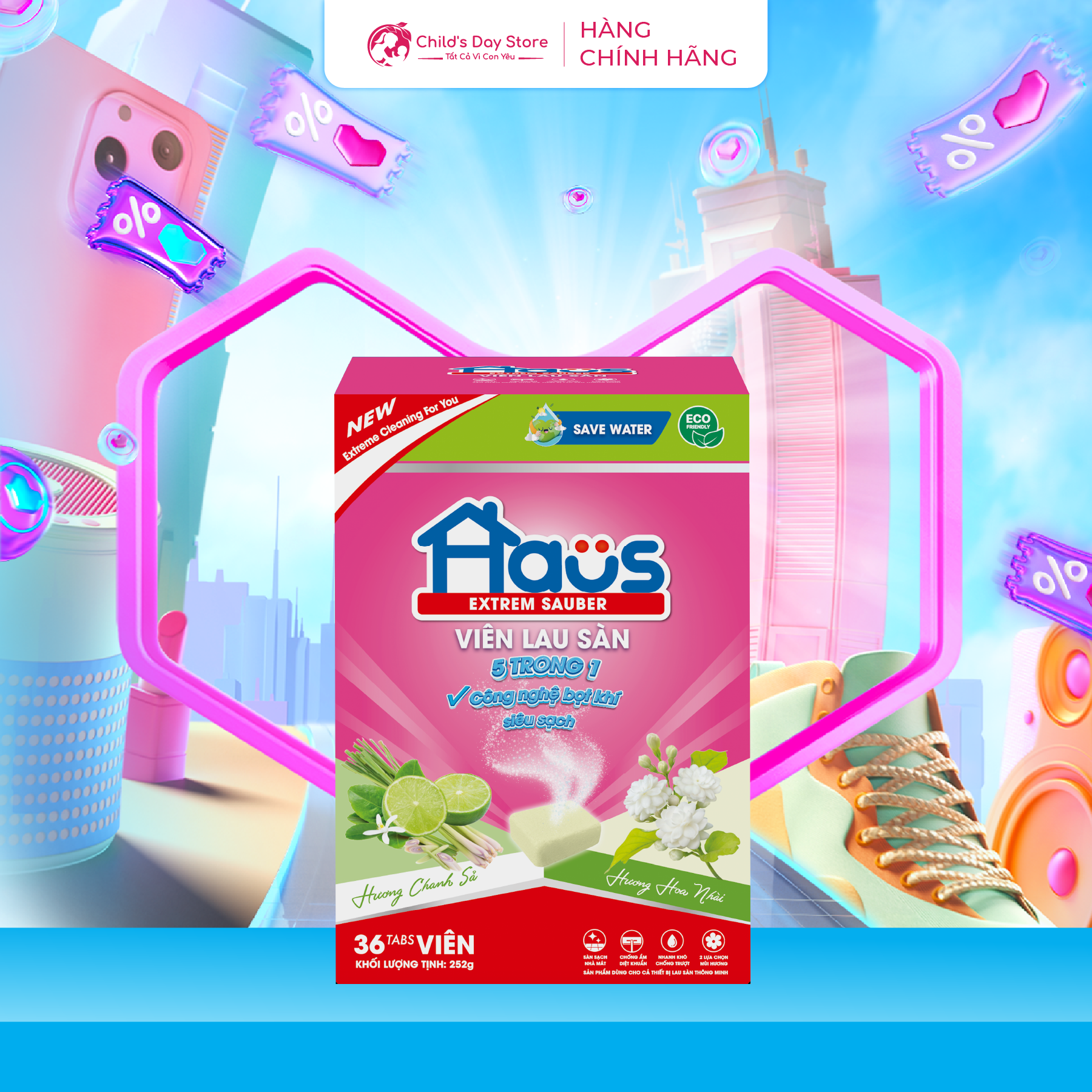  Viên Lau Sàn Haus tiện lợi 5 trong 1 Hương Chanh Sả và Hương Hoa Nhài Hộp 36 Viên 