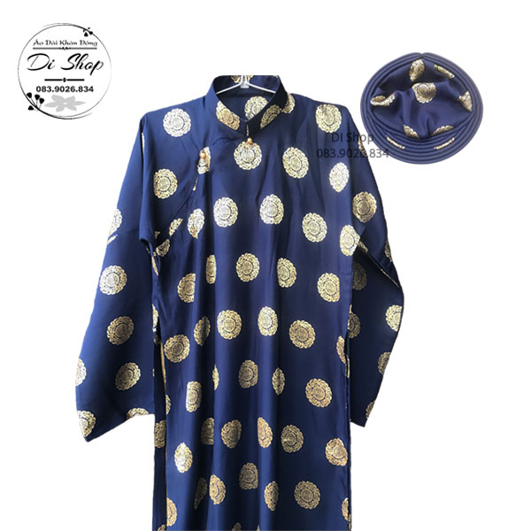 Áo dài khăn đóng truyền thống nam (áo dài + khăn đóng) vải gấm Thái Tuấn chính hãng - MÀU XANH ĐẬM BÔNG VÀNG