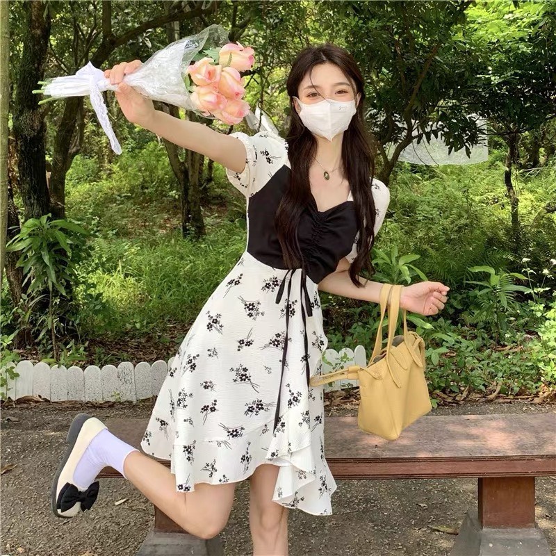 Lolita closet - váy đầm hoa ngực đen dáng ngắn phong cách hàn quốc