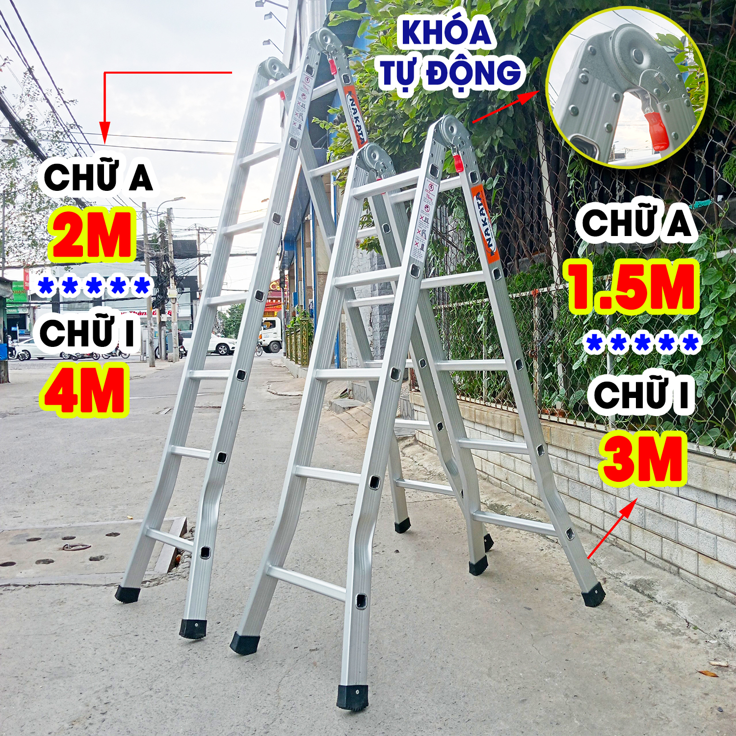 Thang nhôm gấp 2 đoạn chính hãng Nakata VN15 (A-1.5m, I-3m); VN20 (A-2m; I-4m) ( Bảo hành 2 năm)