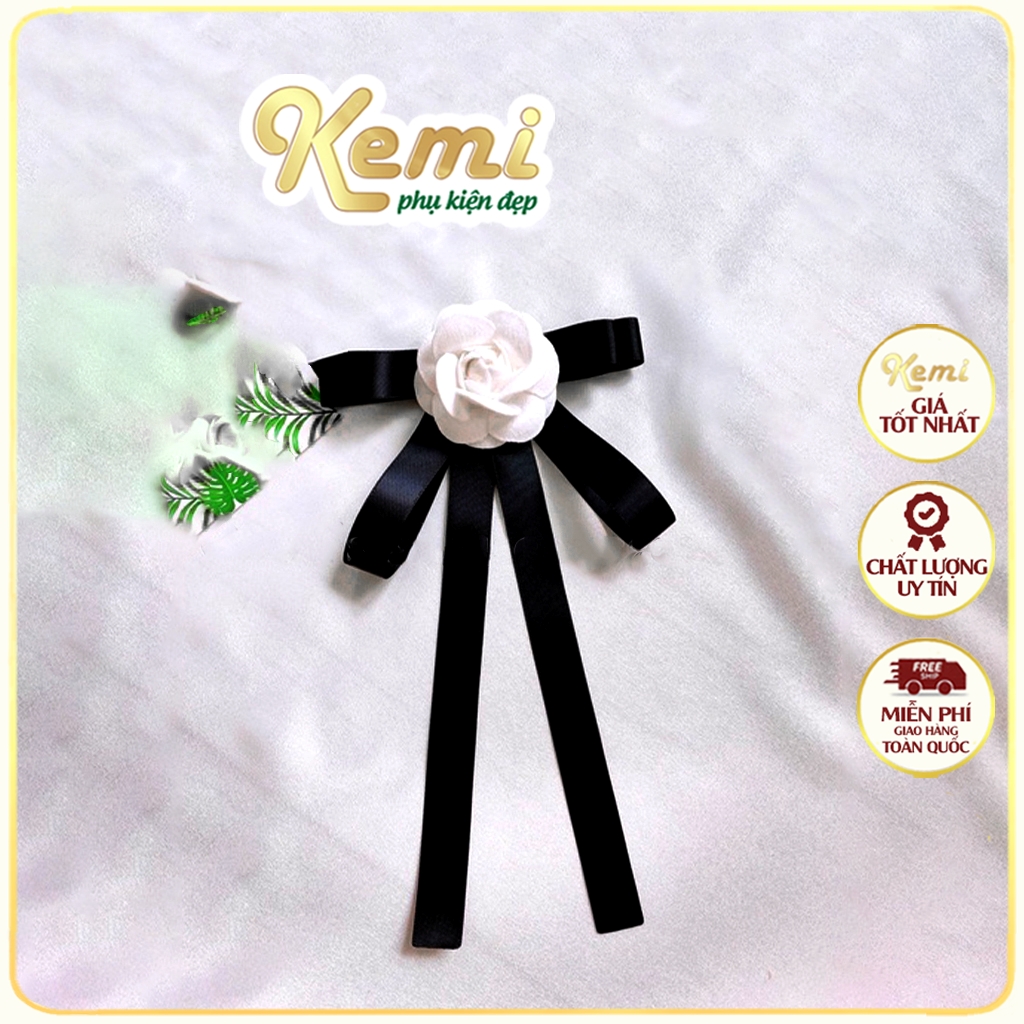 Tag nơ cài áo trắng váy đầm dễ thương Ghim cài cáo handmade hoa trà ruy băng lụa 11x20cm