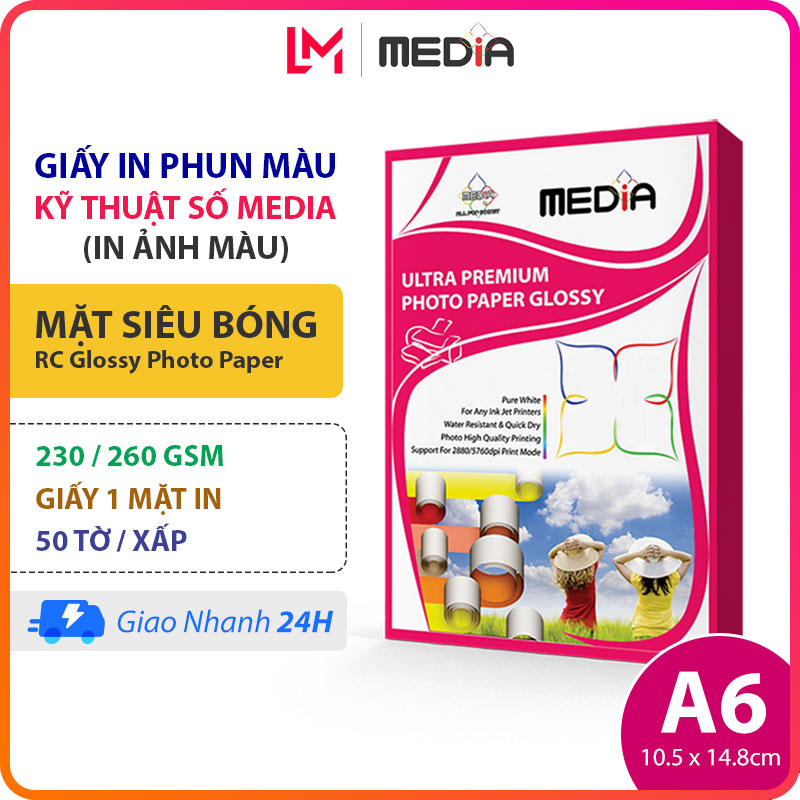 Giấy In Ảnh Media A6 Siêu Bóng 1 Mặt In 230/260gsm 50 Tờ, Giấy Ảnh Cao Cấp RC Glossy Photo Paper 10x15, Giấy In Phun Màu A6