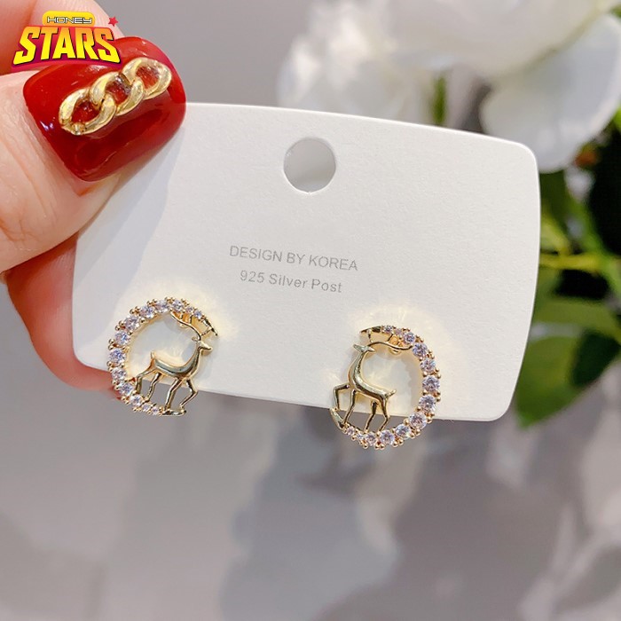 Bông tai nữ cá tính S925 kim bạc Hàn Quốc bông tai hươu vòng tròn nhỏ kim cương Honey Stars-724622