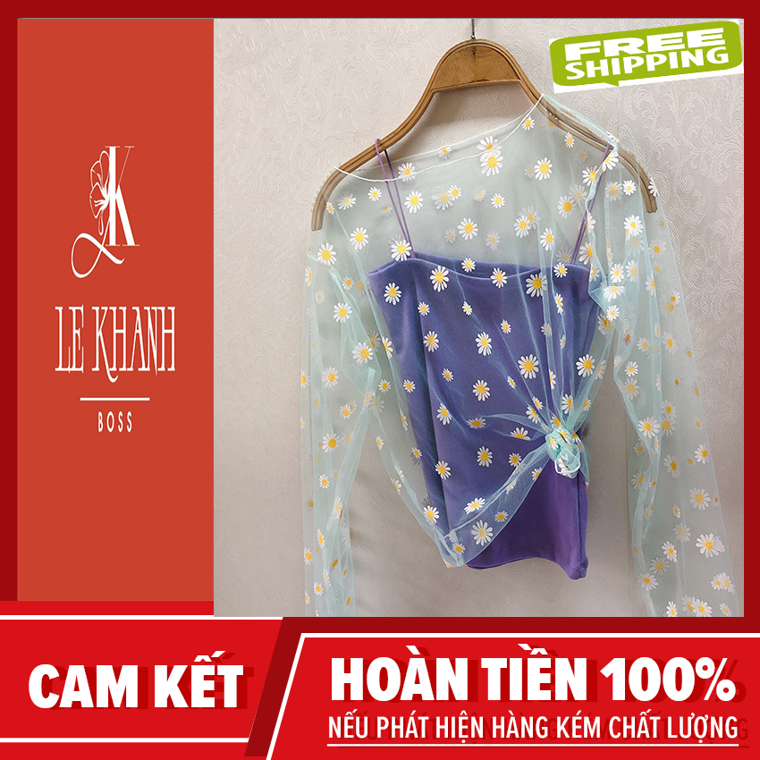 ÁO LƯỚI HOA CÚC CỔ TRÒN TAY DÀI TẶNG KÈM ÁO 2 DÂY TRƠN NHƯ HÌNH, áo lưới, áo hoa cúc, set áo 2 dây, Le Khanh Boss 2