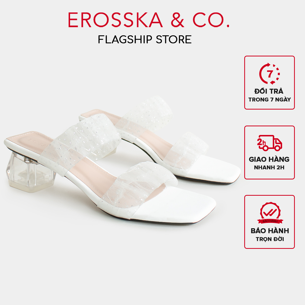 Erosska - Dép cao gót nữ 2 quai trong sang trọng cao 4cm màu trắng - EM097