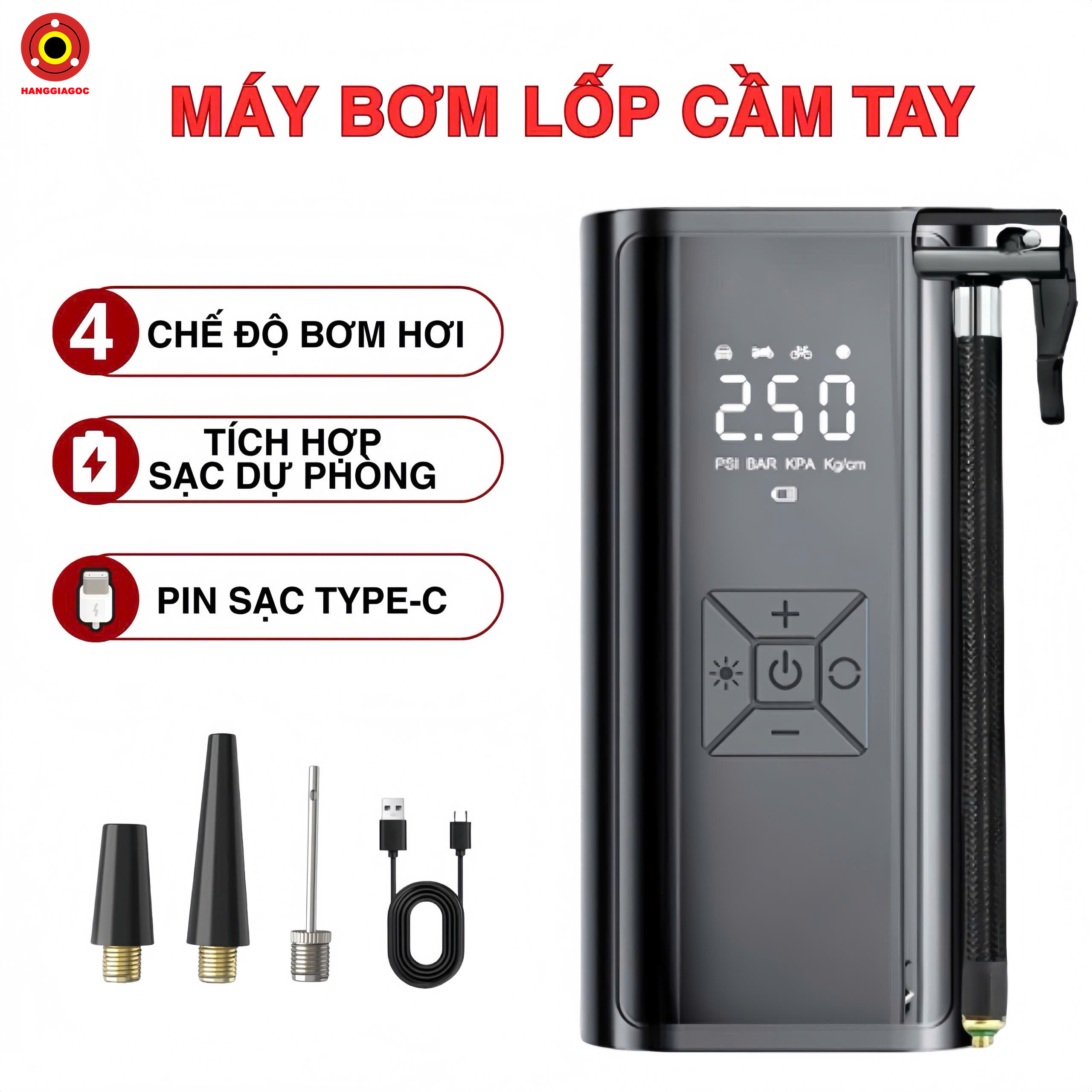 Máy Bơm Lốp Ô Tô Xe Máy Mini EG216 - Công Suất 120W, Bơm Nhanh Mạnh, Tự Ngắt Khi Đầy, Pin Sạc Type-C