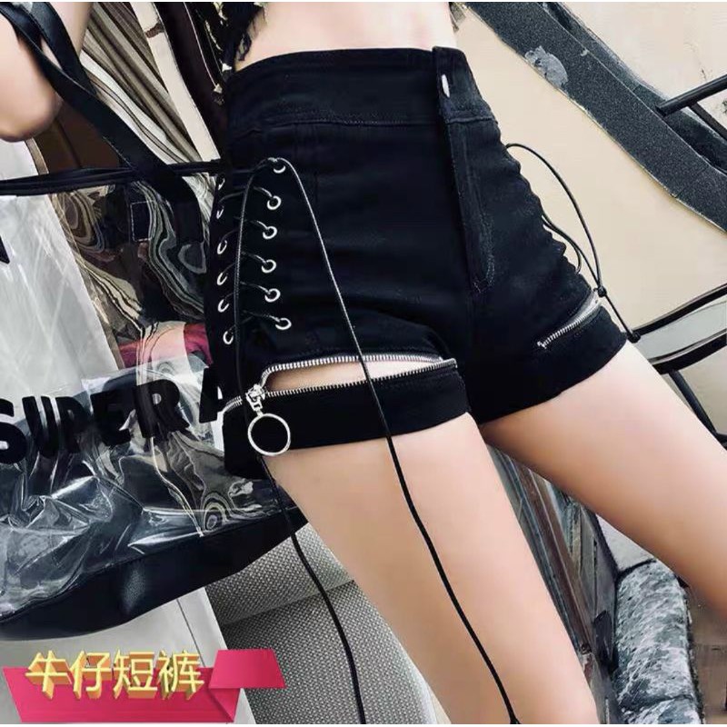 Quần đùi kaki đan dây phối khoá kéo cá tính