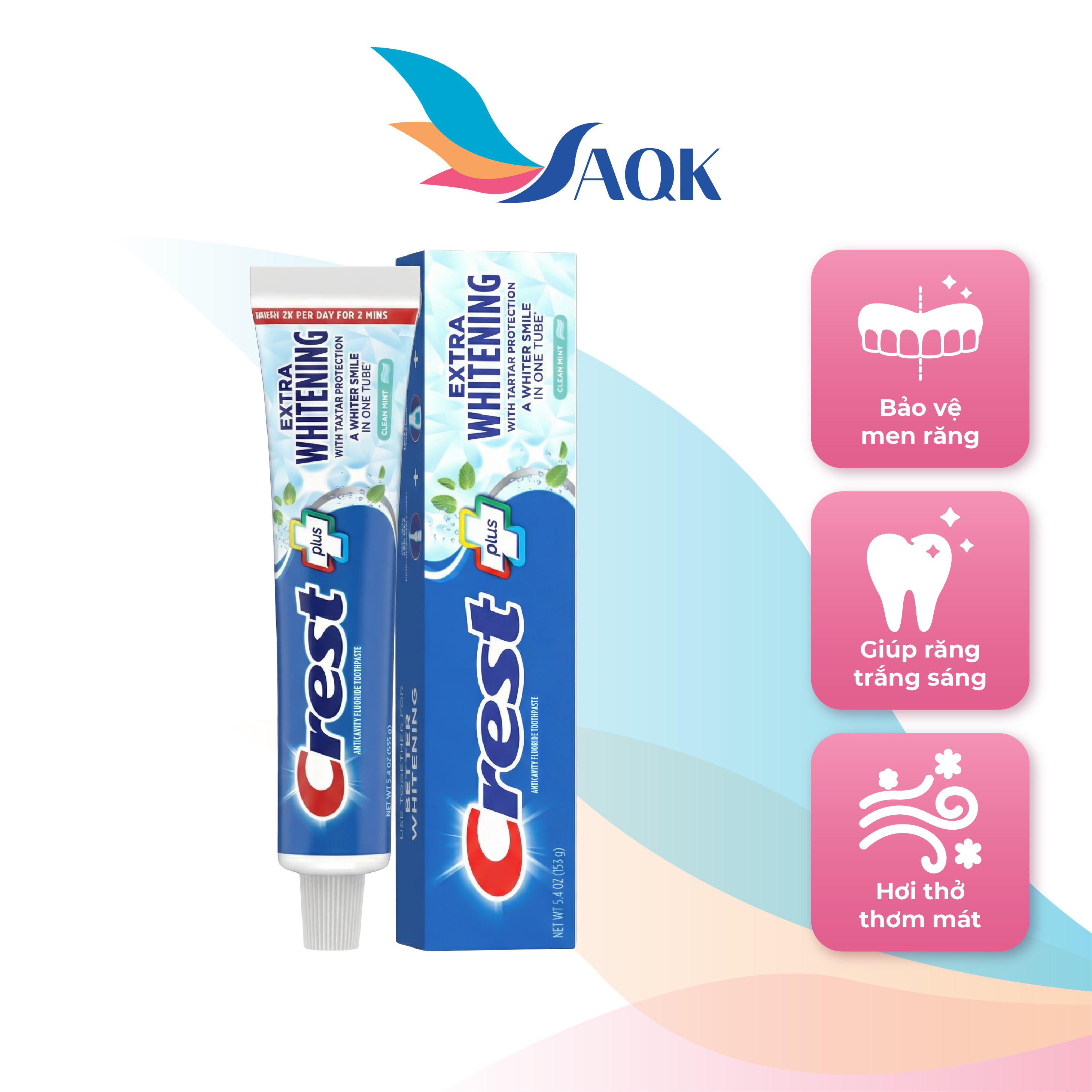 Kem đánh răng Crest Plus Extra Whitening (153g) - Hương bạc hà mát lạnh mang lại cảm giác thơm mát dễ chịu