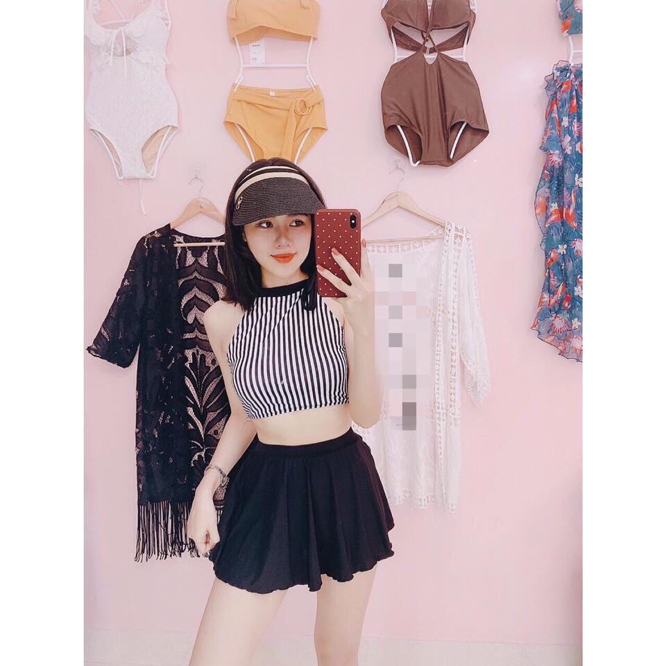 Bikini đồ bơi đi biển hai mảnh yếm sọc dọc chân váy xòe kg032