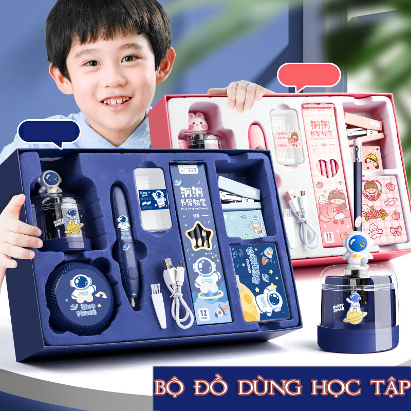 Bộ đồ dùng học tập combo 12 món đồ cao cấp và hiện đại dành cho bé máy gọt bút chì, máy hút bụi, tẩy điện sử dụng sạc