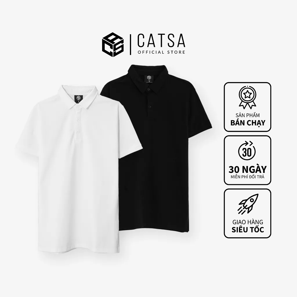 Áo Polo nam CATSA có cổ màu trắng đen thun cotton kháng khuẩn chống nhăn ATP292- 293