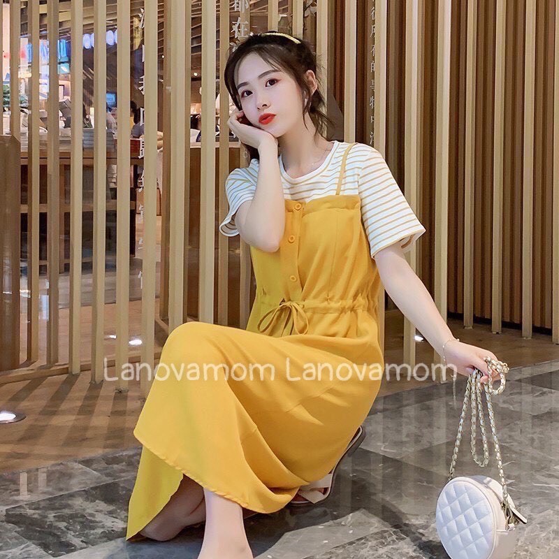Váy bầu giả yếm phối áo kẻ kèm dây thun rút eo V115