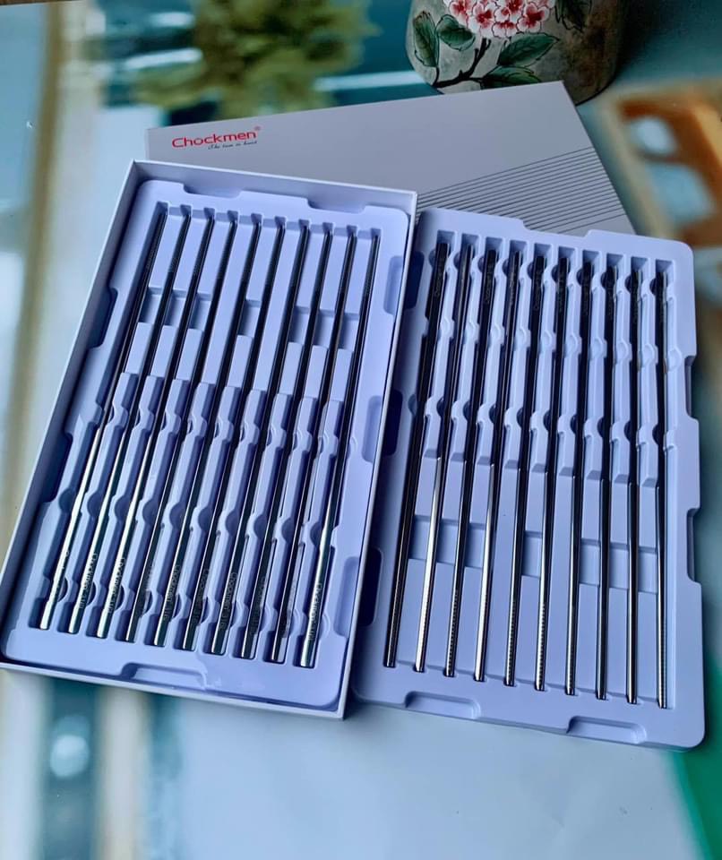  Set 10 Đôi Đũa Inox 316 Chockmen Có Vân Đầu Đũa Chống Trơn Trượt Dài 24.8cm 