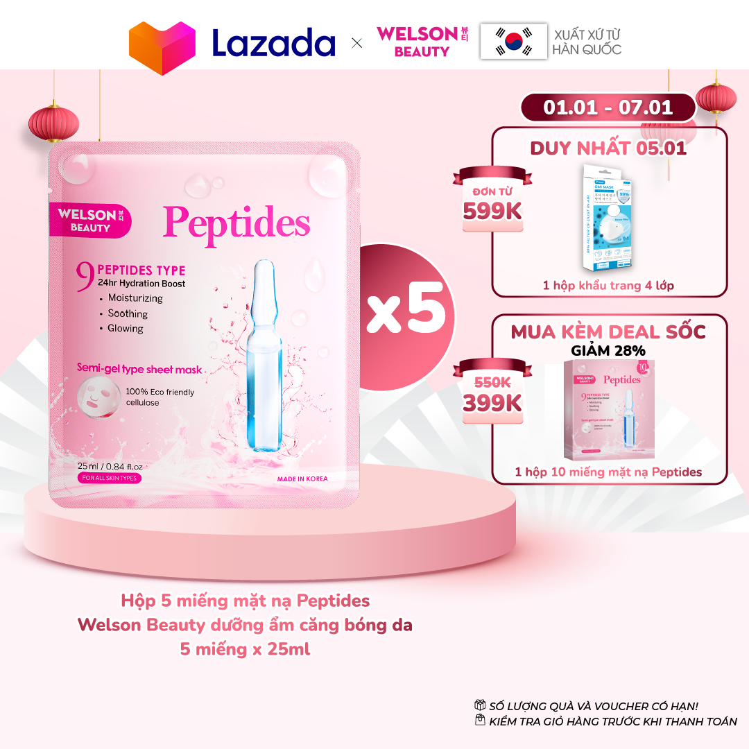 Hộp 5 miếng mặt nạ peptides dưỡng ẩm căng bóng da 5 miếng x 25ml