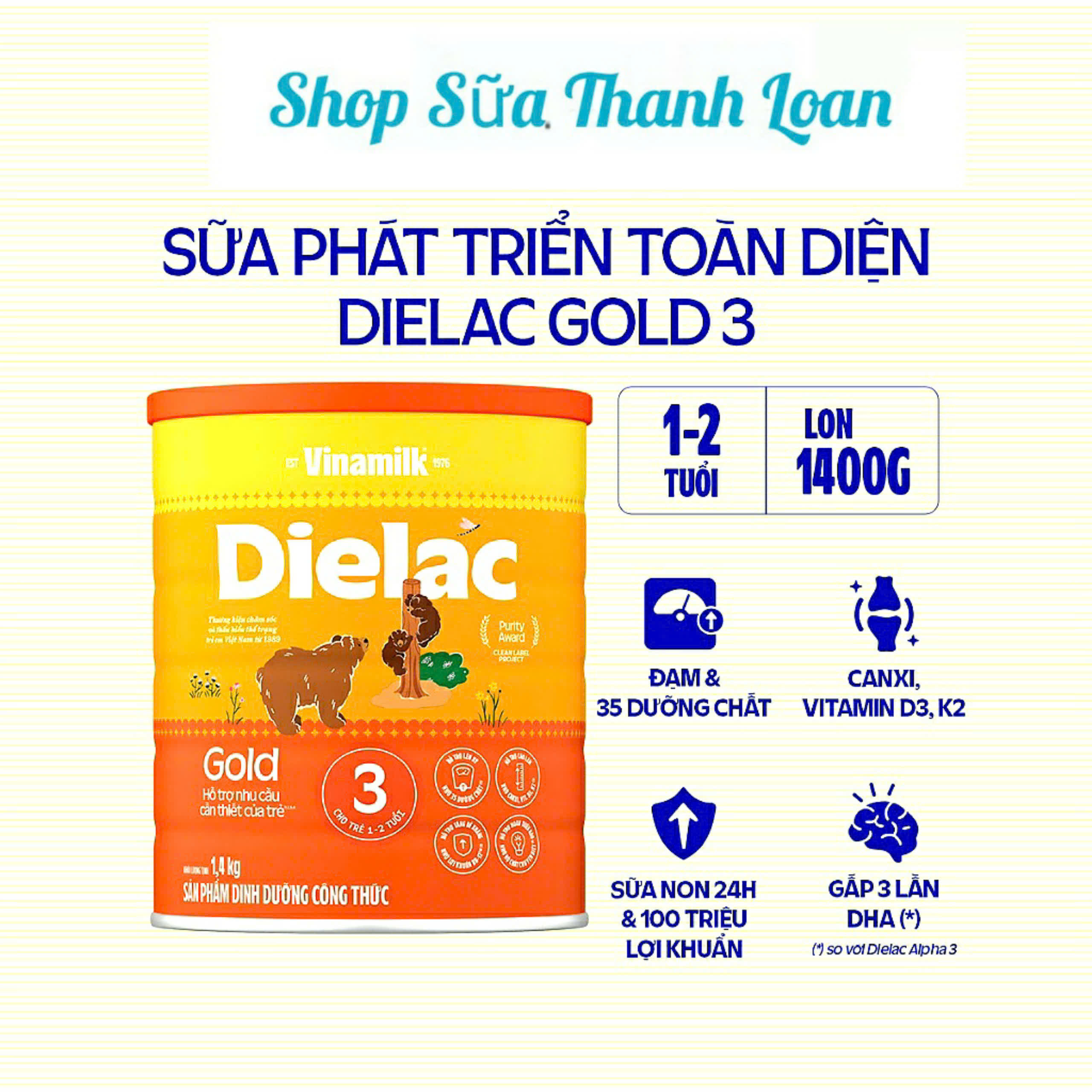 (HSD T10-2026) (Mẫu Mới) Sữa Bột Vinamilk Dielac Alpha Gold 3 - Hộp Thiếc 850g/ 1400g.